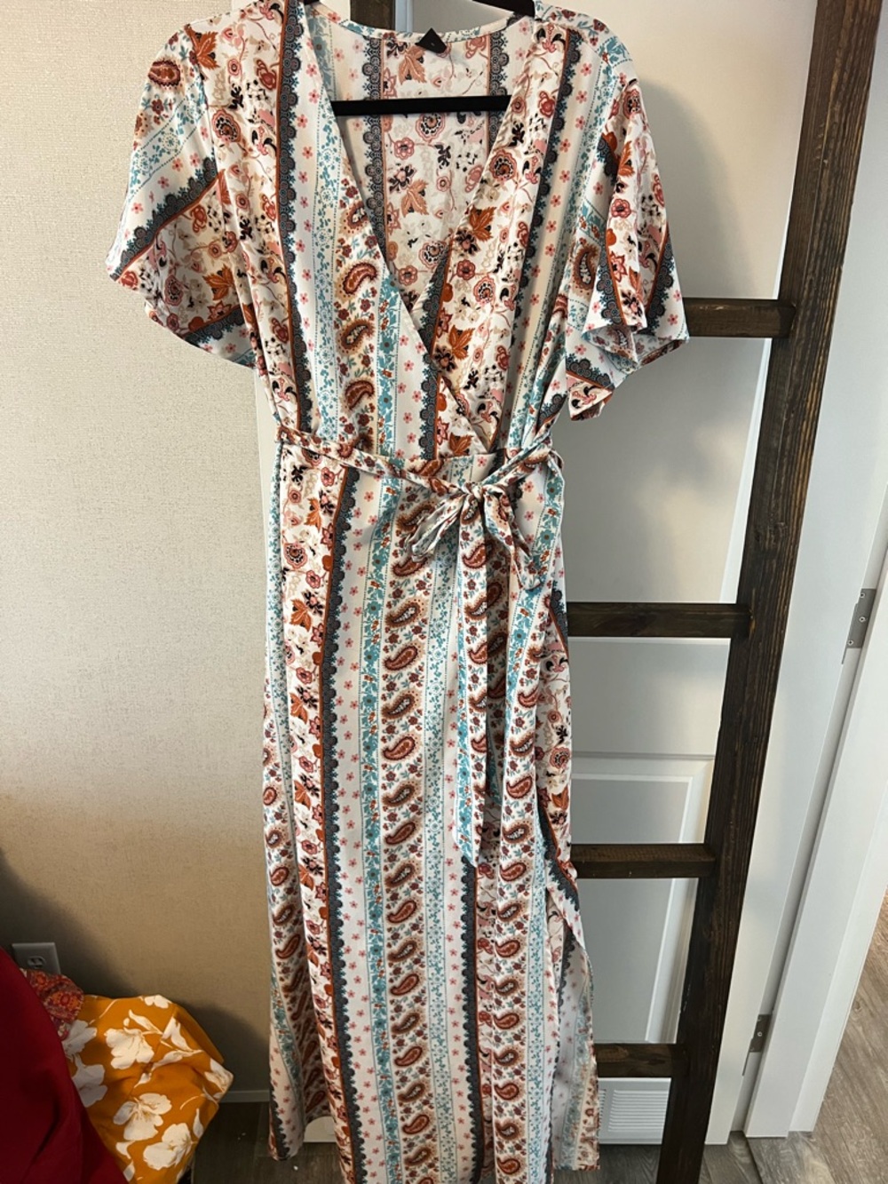 SHEIN White Maxi Wrap Dress with Teal and Rust Paisley Stripes